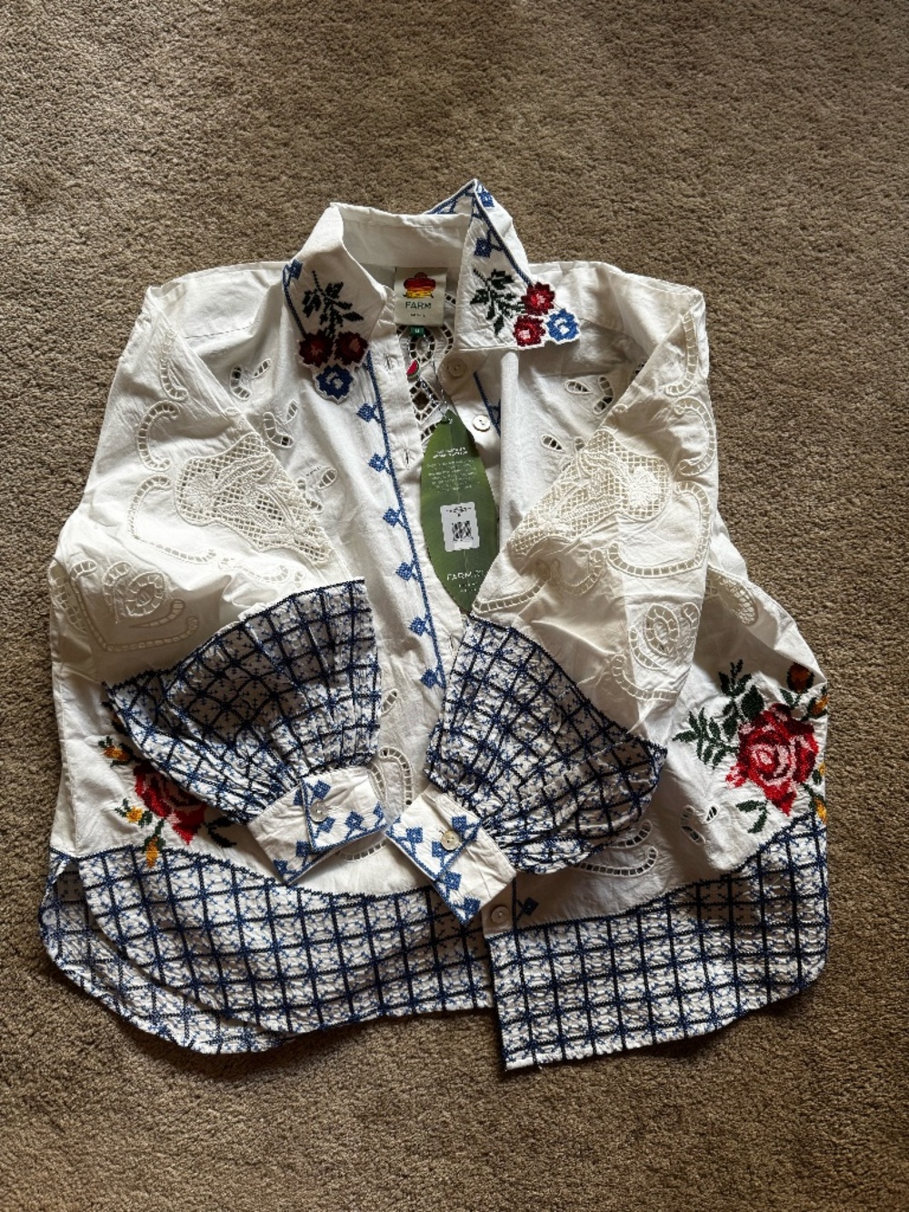 Farm Rio Off-White Flowers Embroidery Richelieu Shirt New With Tags